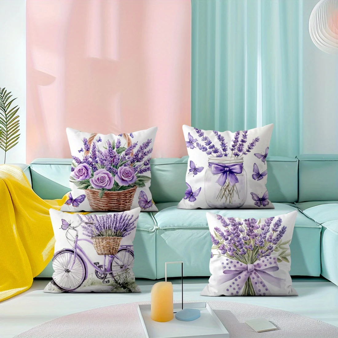 Polyester Purple Lavender Print Cushion Covers,  Skin Velvet Zipper Closure Machine Washable Throw Pillow Cases for Home Decor
