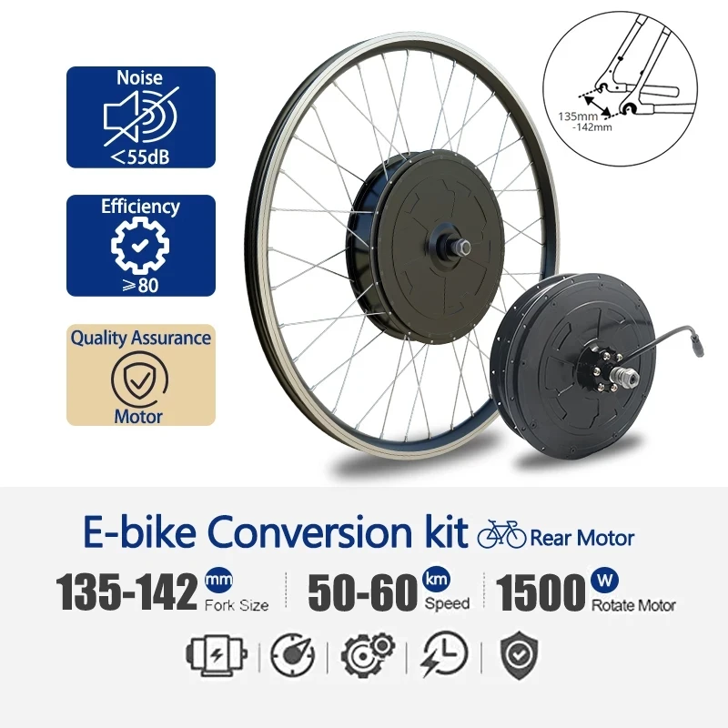 48V 1500W/2000W Rear Hub Brushless Gearless Freewheel Motor Electric Bike Conversion Kit 26‘’27.5‘’700C Wheel Waterproof Ebike