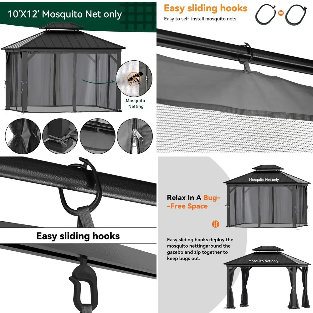 

Universal 4-Panel Mosquito Netting for 10x12 Gazebos, Double Zipper, Grey, Replacement for Outdoor Patios and Gardens