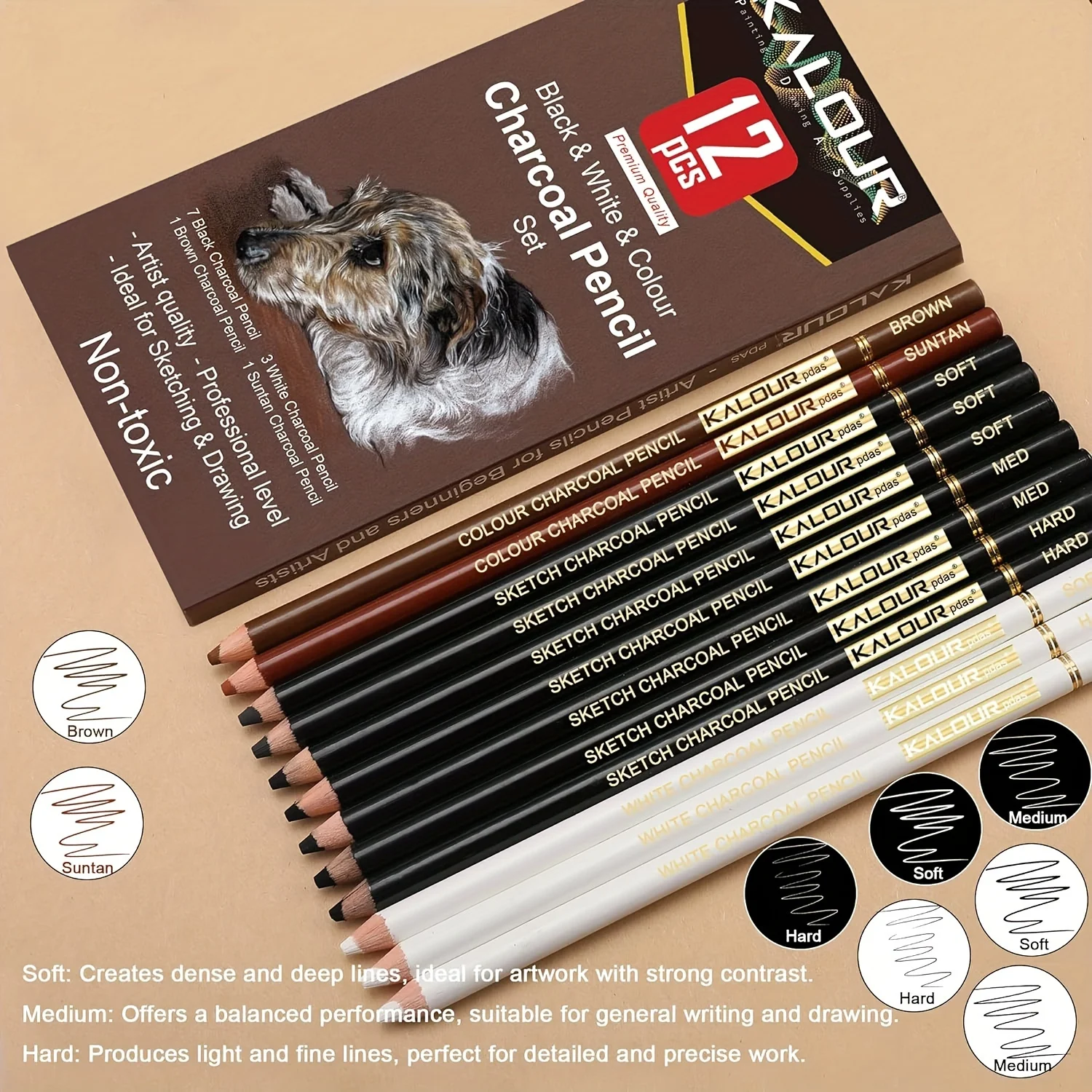 Kalour Premium Charcoal Pencils Set-18 Piece White/Black/Colored Art Sketching Pencils,Includes Blending Stumps,Erasers&Extender