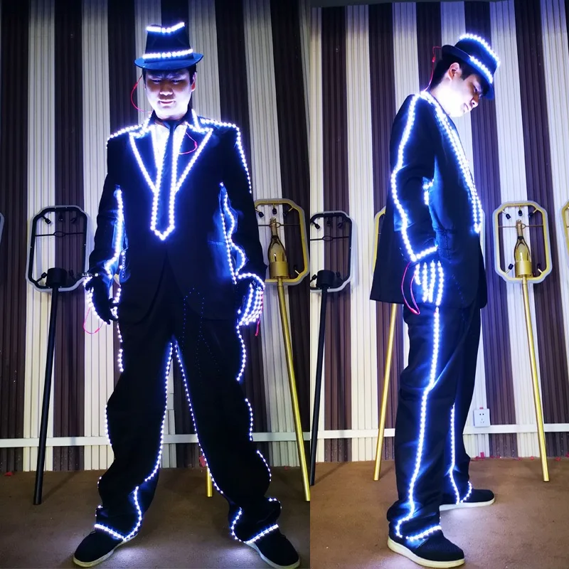 

LED Suit for Man White Light up Jacket Pants Hat Luminous Nightclub DJ Tron Dance Wear Festival Stage Performance Show Outfit