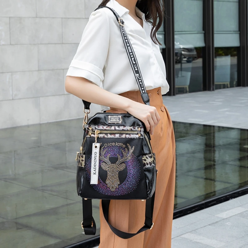 Rhinestone Glitter Large Capacity Backpack - Leopard Print Crossbody Bag,Anti-Theft Travel Bag For Women, Stylish Schoolbag