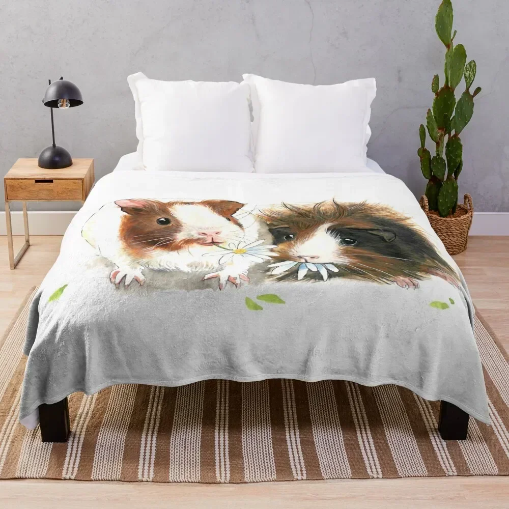 

Watercolor illustrated guinea pigs eating flowers Throw Blanket Cozy Sofa Blanket for TV Watching Napping