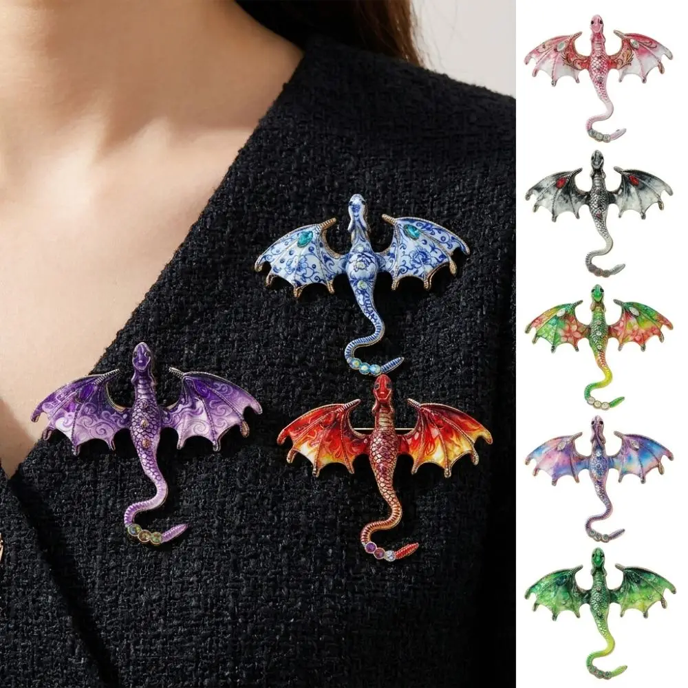 Zinc Alloy Enamel Flying Dragon Brooch Fantasy Dragon Gothic Animal Dragon Brooch Colorful Rhinestone Chinese Blue Porcelain