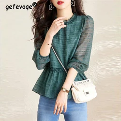 Simple Chic Green Ruffle Long Sleeve Elegant Fashion Top Blouse Women Spring Print Office Lady Casual Shirts Blusas Clothing2023