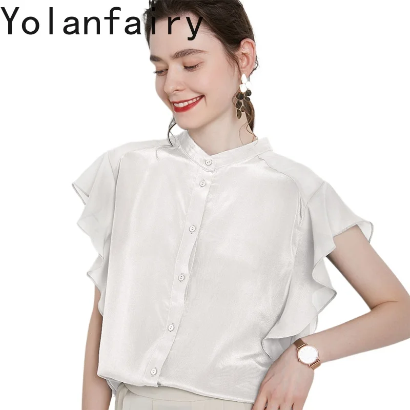 

YOLANFAIRY 100% Real Mulberry Silk Shirts Woman Summer Elegant Short Sleeve Tops Fashion Butterfly Sleeves Women's White Shirt