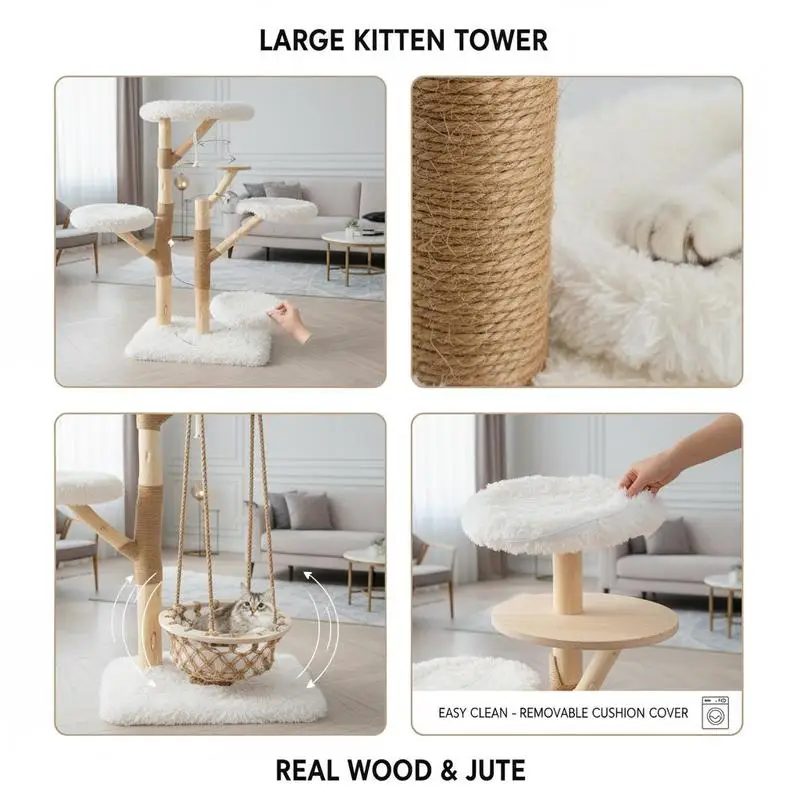 Arbre à chat moderne, mobilier tour pour chat, grand condo pour chatons avec hamac balançoire, branches en bois véritable et jute, centre d'activités intérieur pour chat naturel