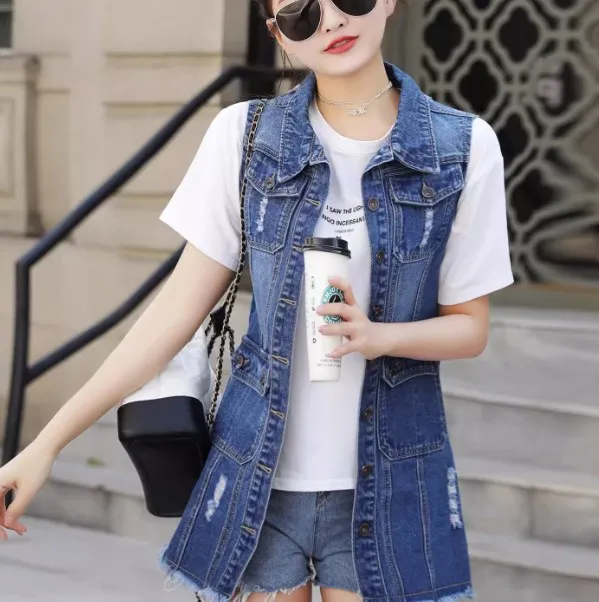 Spring Summer Denim Casual Blue Hole Sleeveless Jacket Vest Women