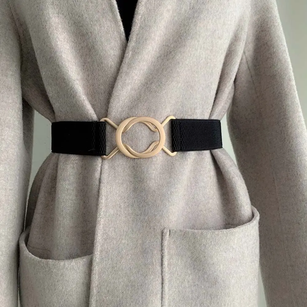 

Gold Round Buckle Belts for Women Solid Color Elastic Waist Belt Fashion Camle Black Waistband for Dress Coat