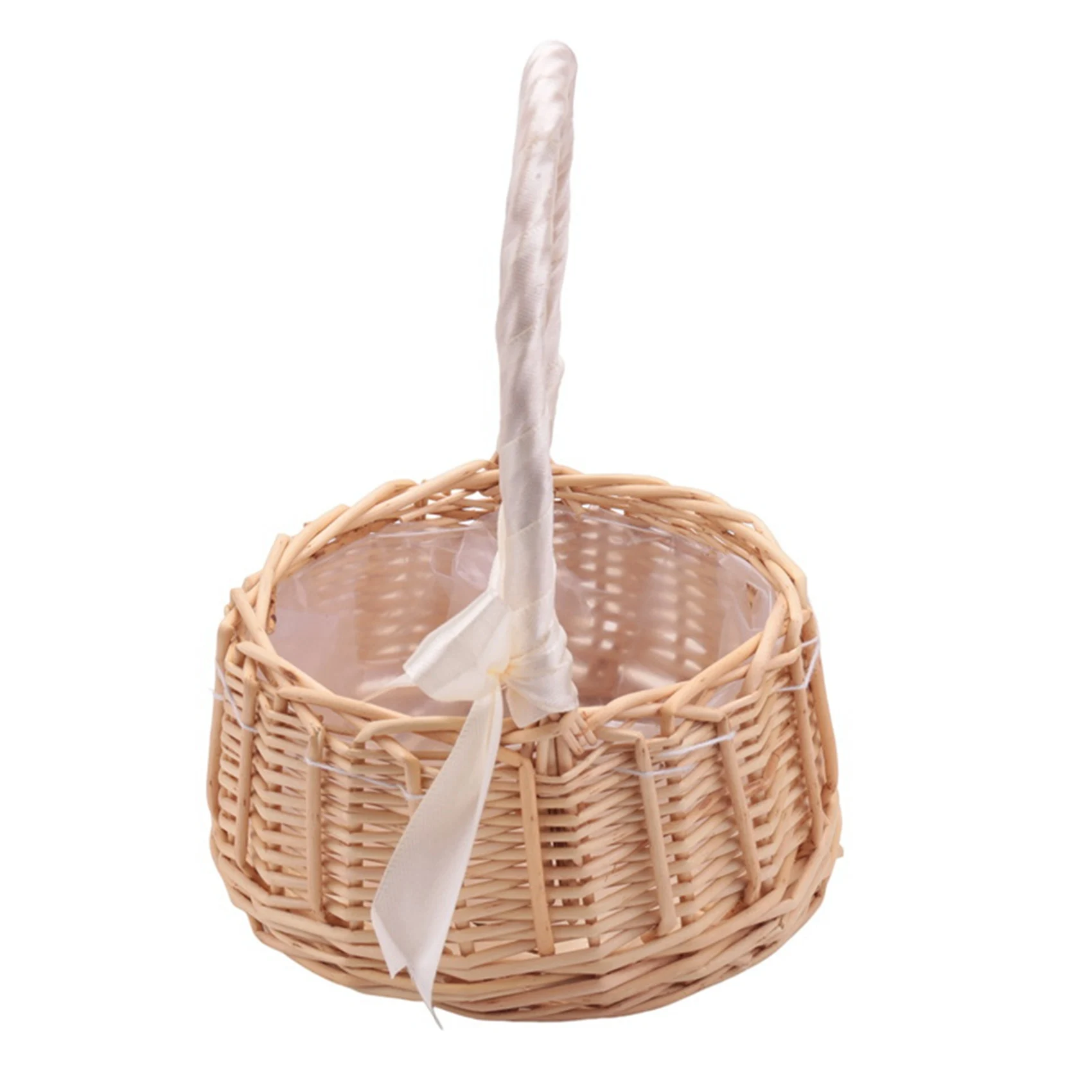 Wicker Woven Flower Basket, with Handle and White Ribbon, Wedding Flower Girl Baskets, for Home Garden Decoration(S)