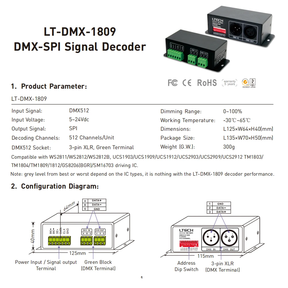 LTECH New DMX512 to SPI Converter Signal Decoder;12V 24V Support WS2811/WS2812,UCS1903/1912,TM1803,TM1804,TM1809 IC LT-DMX-1809