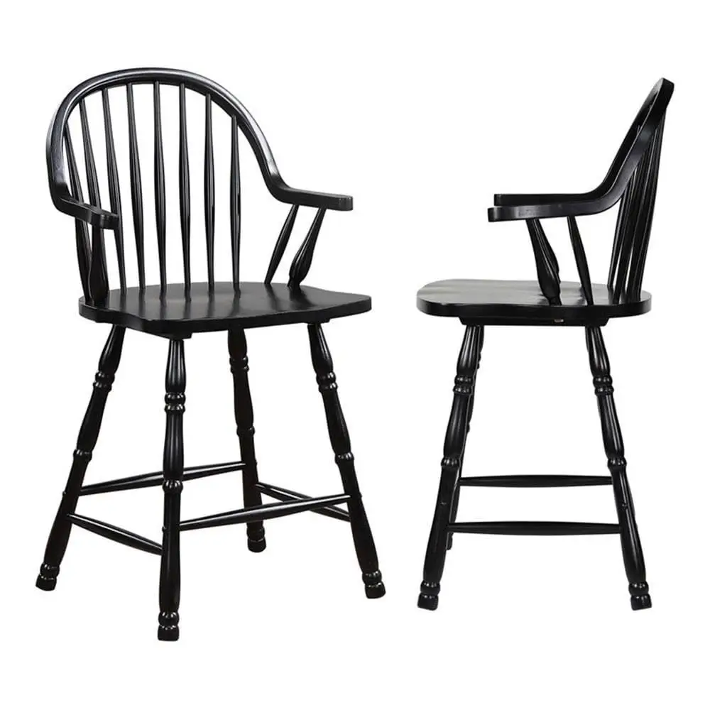 

24 Windsor Wood Barstools with Arms in Antique Black Set of 2