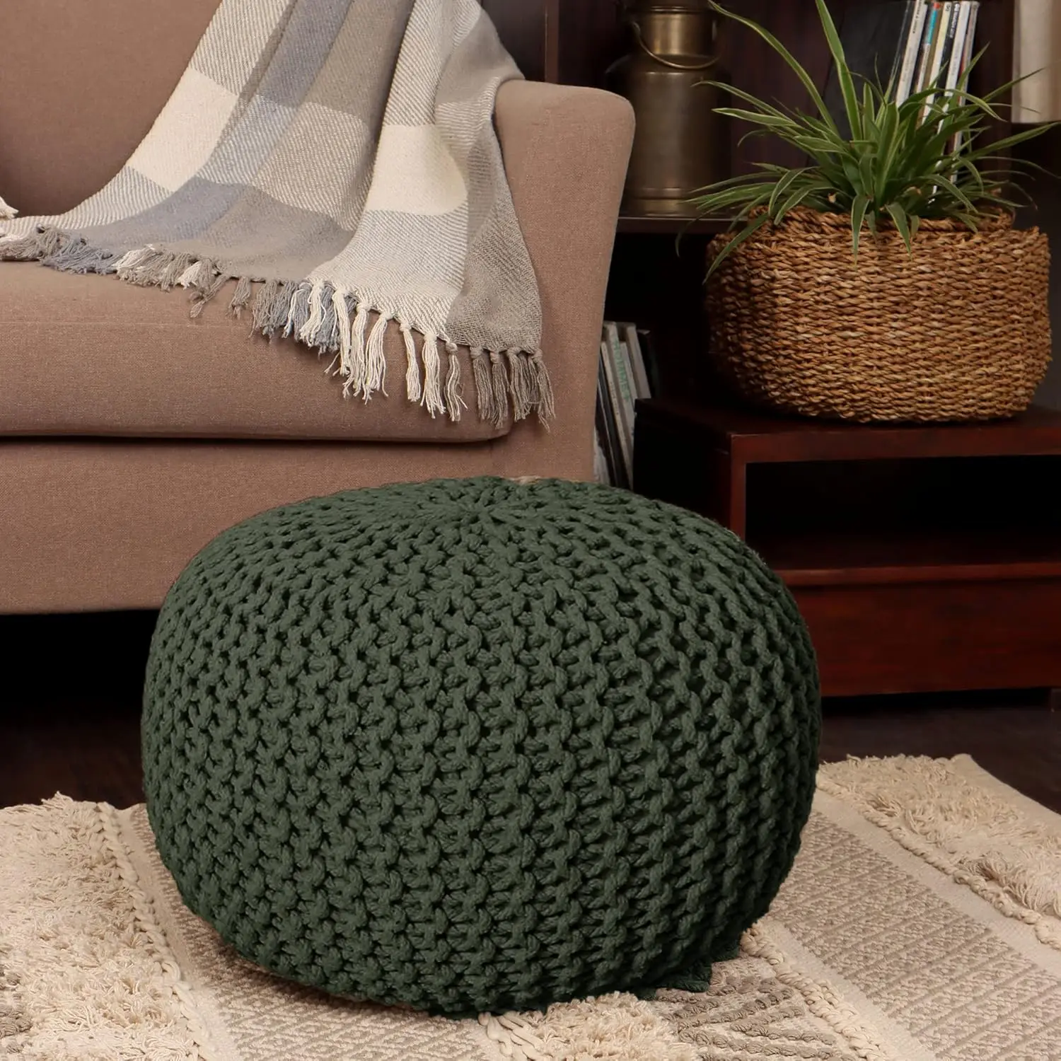 Round Hand Knitted Pouf  Foot Stool Bean Bag Ottoman Cord Boho Pouffe Poof Accent Beanbag Footrest for Living (19.5