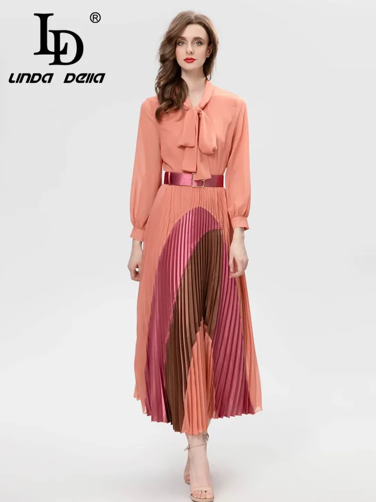 LD LINDA DELLA Autumn winter New Style Italian Luxury Dress Women Bow collar Belt Multicolour   Splice Long Party Pleated Dress