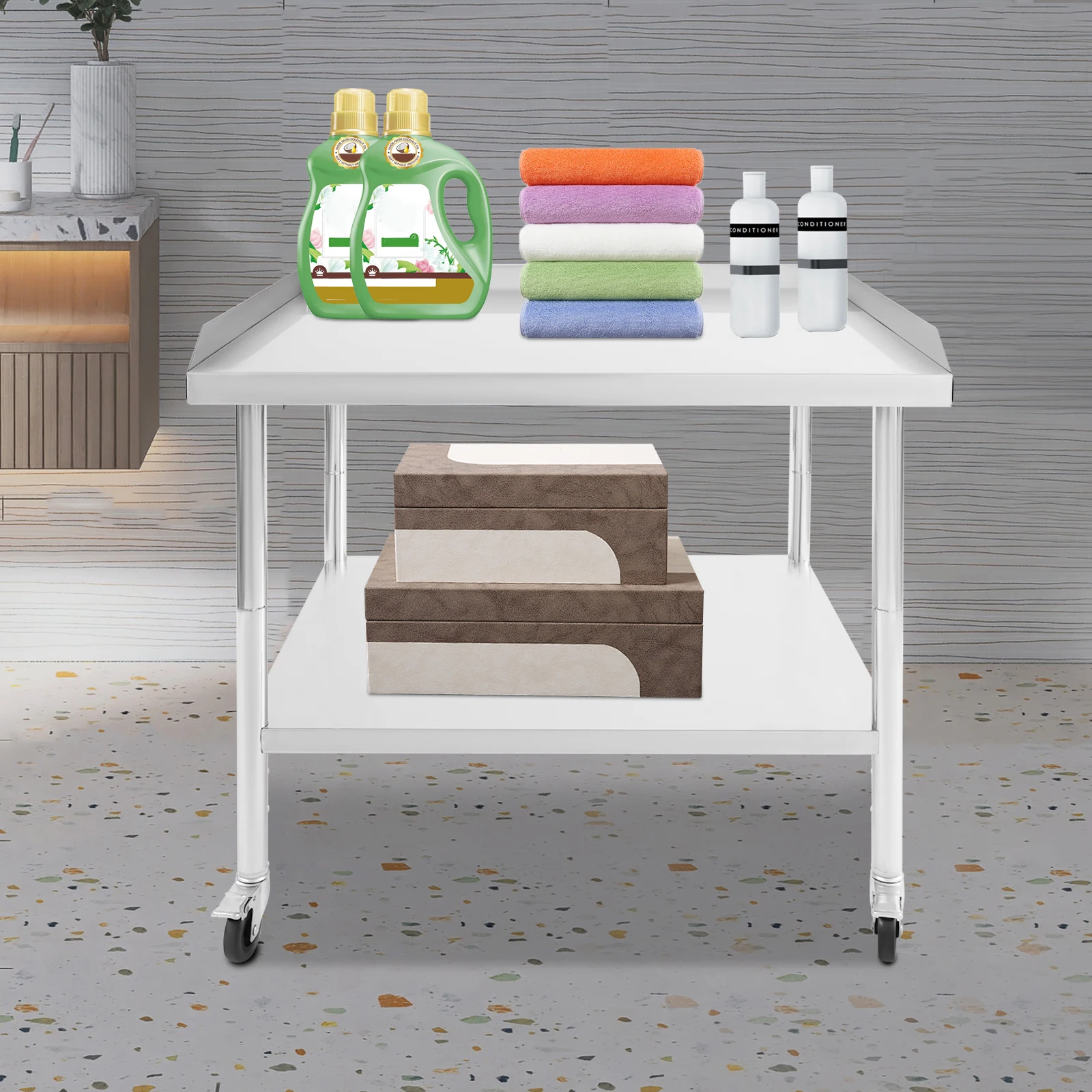 

Двухуровневый рабочий стол из нержавеющей стали, коммерческий стол для подготовки продуктов с колесами