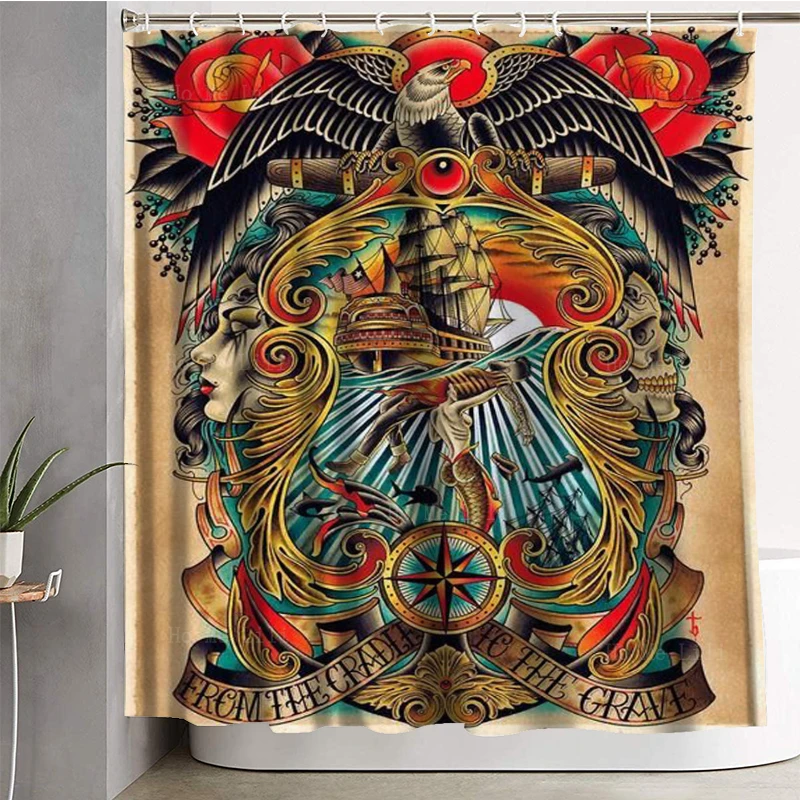 Broadway Neo Old School Tattoo Pop Art Lighthouse And Eagle American Traditional Style Shower Curtain By Ho Me Lili With Hook