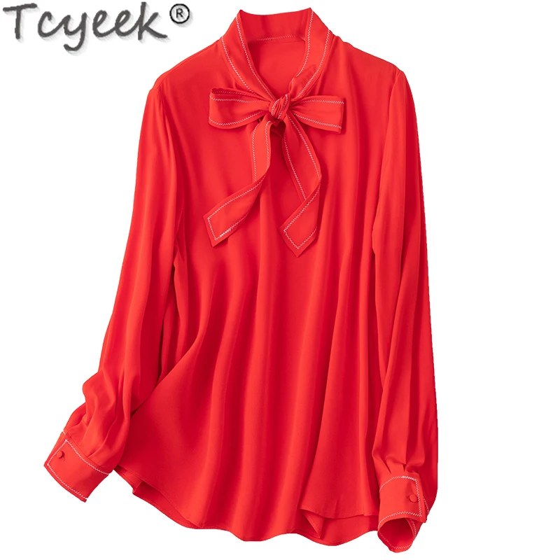 Tcyeek 100% Mulberry Silk Blouse Women Fashion Top Female Clothing 2024 Elegant Female Blouses Solid Color Tops Bow Blusa Mujer