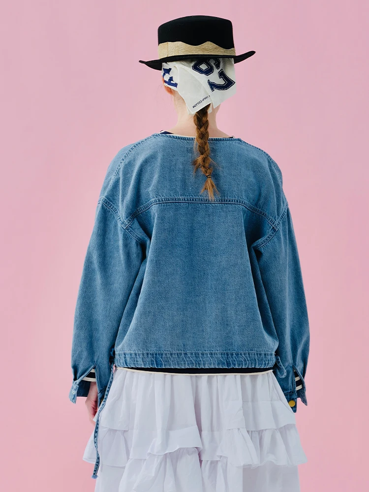 IMAKOKONI Chaqueta vaquera de mujer de diseño original con decoración de lazo – Cierre de botón, ajuste holgado para uso diario con estilo 254991
