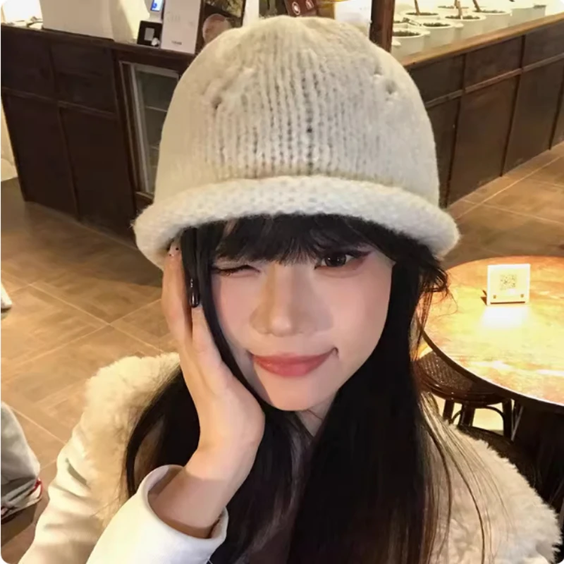 

Корейская простая однотонная вязаная шапка с закатанным краем для женщин, теплая, с защитой ушей, ажурная, вязаная шапка-бини для осени и зимы