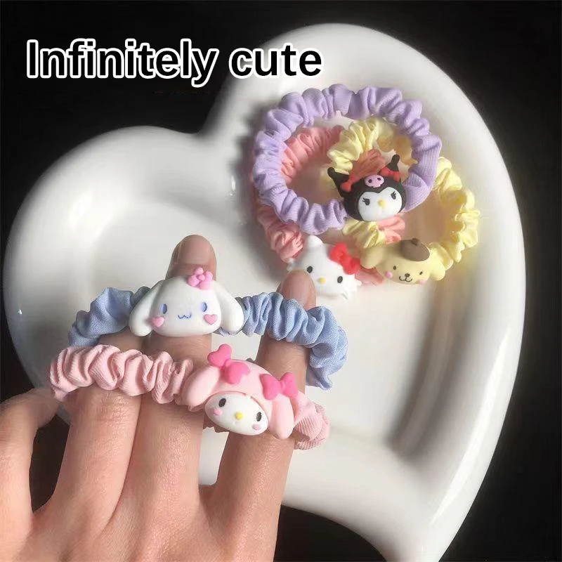 Kawaii Cartoon Rubber Band para Mulheres e Meninas, Kuromi, Cinnamoroll, Mymelody, Laços de Cabelo, Bonito, Doce, Moda Headdress, Presentes