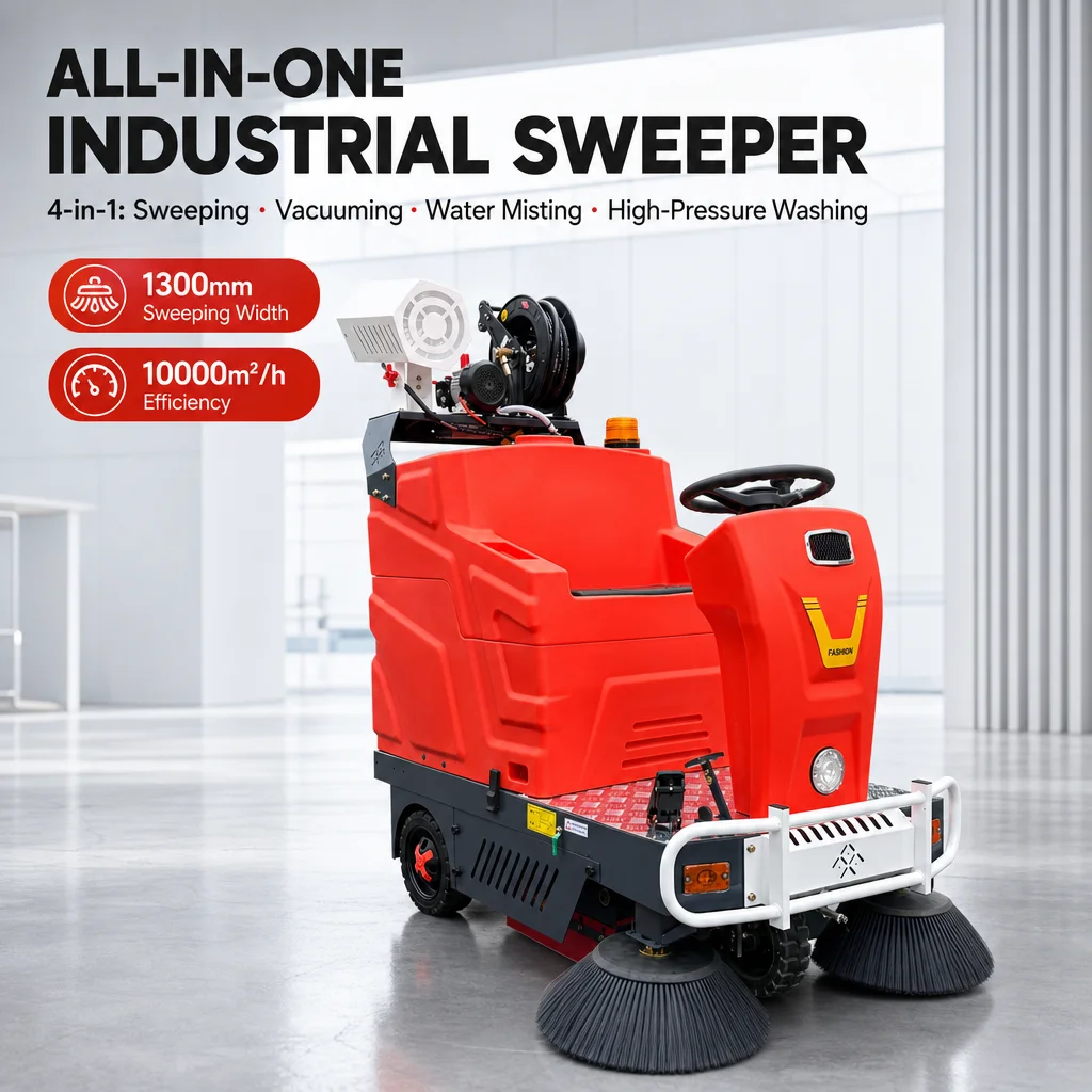 SP-1300plus 48V Ride-on Electric Floor Sweeper 1300mm Industrial Road Sweeping Machine with 100Bar High Pressure Washer