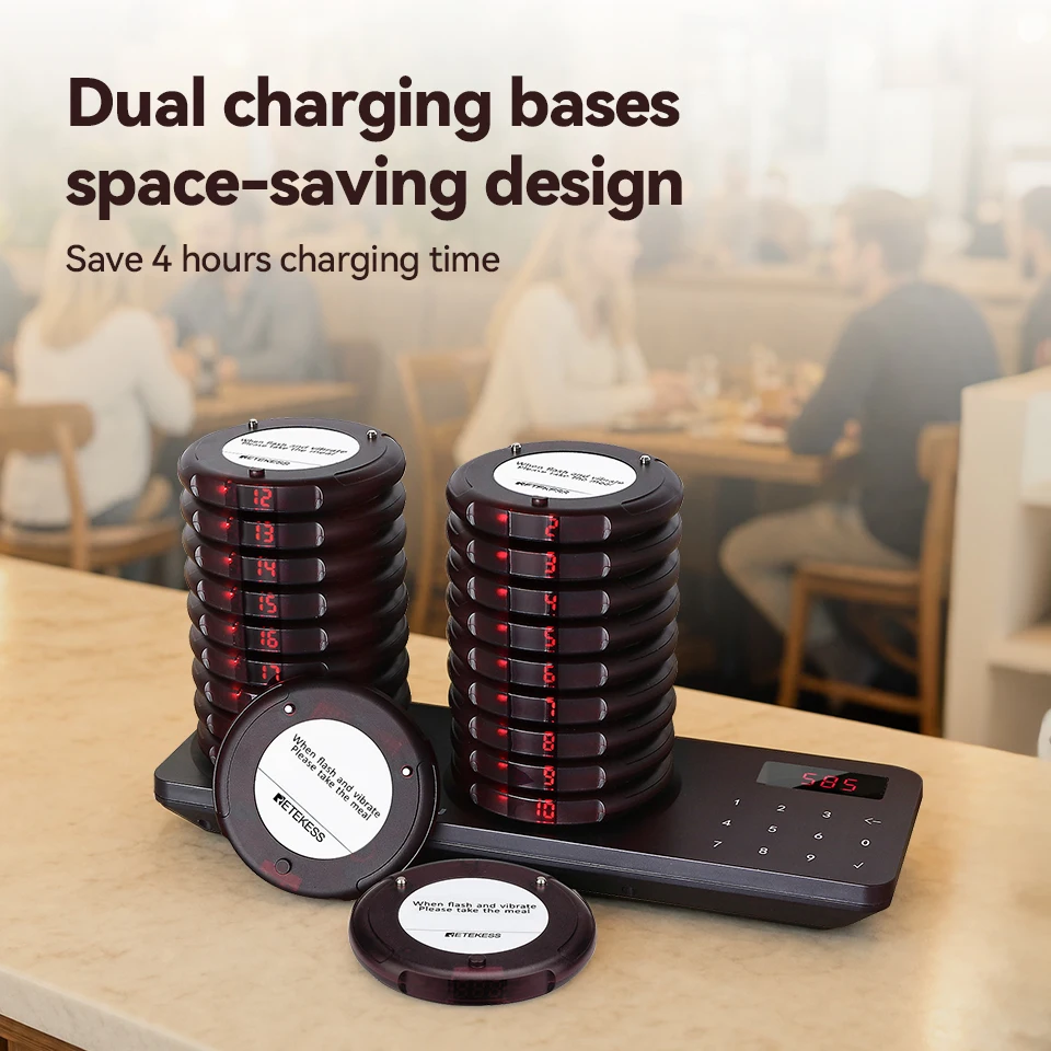 Retekess TD163 Wireless Restaurant Calling System 2 Charging Bases Pager Waterproof Pager Beeper for Food Truck Coffee Bar