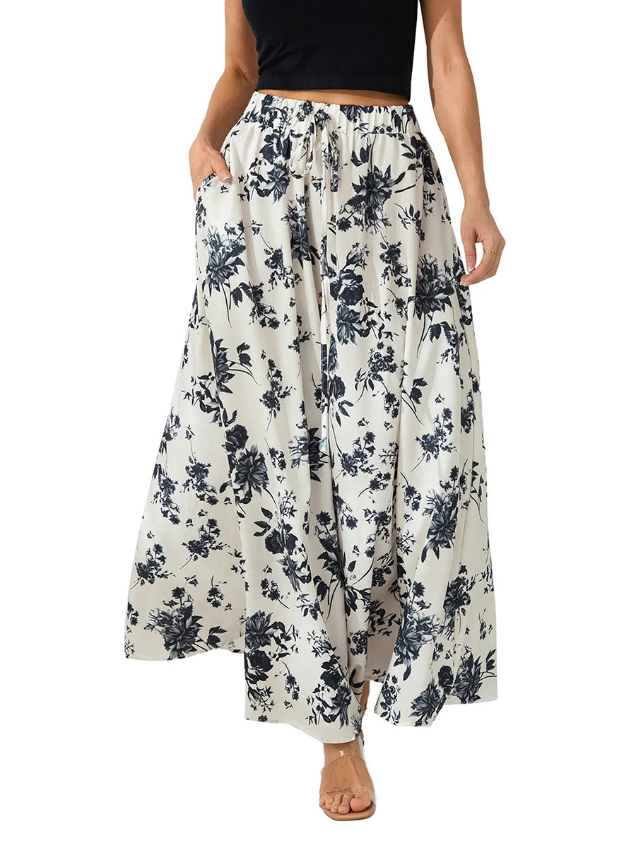 

Women Casual Maxi Skirts Elastic High Waisted Skirt Solid Flower Print Elegant Swing Skirt With Pockets