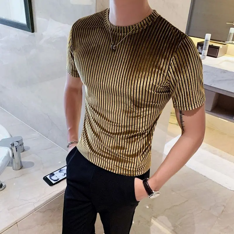 2023 Spring Summer Korean Version Men\'s Trend Slimming Short Sleeve Round Neck Solid Color Striped Printed Fashion Youth T-shirt