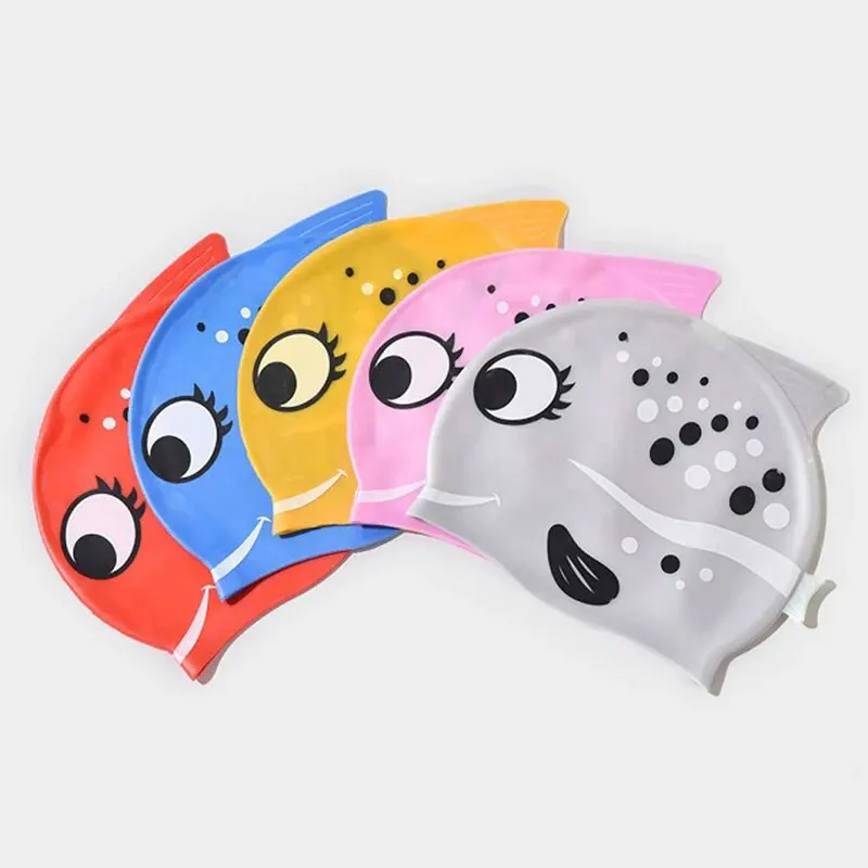 New Children\'s Silicone Waterproof Fashion Cartoon Spot Fish Boys and Girls Comfortable Soft No Cut Head Swimming Cap