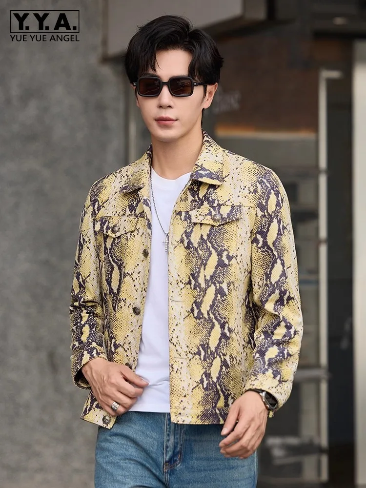 سترة جلدية أصلية فاخرة للرجال بنمط الأفعى من جلد الغنم بقصة ضيقة واحدة الصدر ملابس خارجية لحفلات الأعمال سترات فاخرة