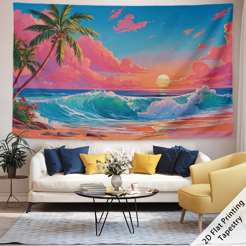 Tropical Beach Ocean Wave Landscape Wall Tapestry Summer Decor for Living Room Bedroom Dormitory Polyester Fiber Hanging Art