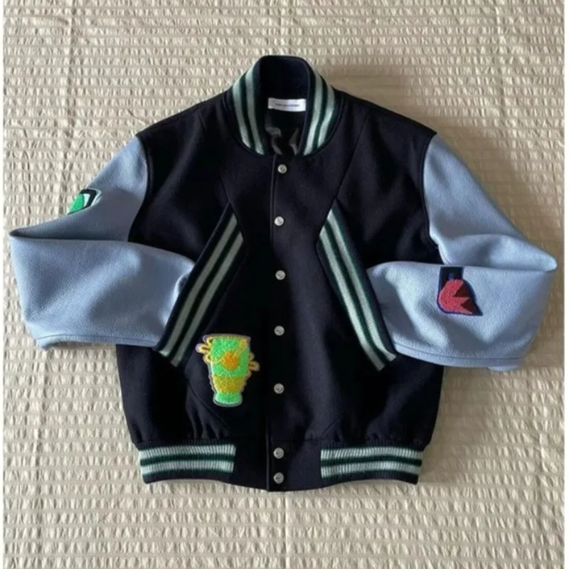 

Роскошная бейсбольная куртка-бомбер с вышивкой, мужская куртка-бомбер с рукавами из искусственной кожи, весенне-осенние университетские куртки, женская бейсбольная форма, мужская одежда