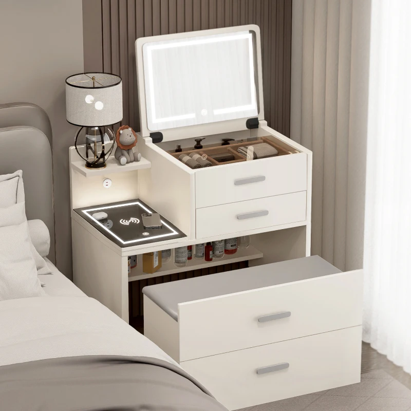 White French Modern Dressing Table Mirror Seat Drawers Wood Luxury Dressing Table Compact Storage Cabinet Bedroom Furniture