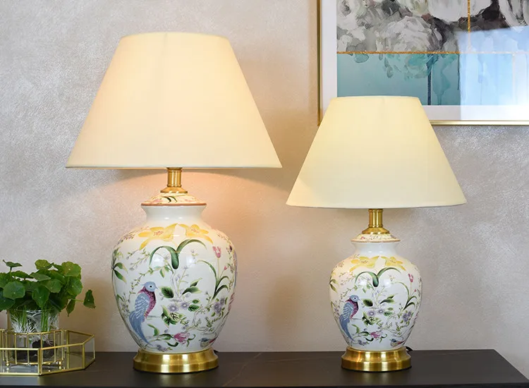 All-copper flower and bird ceramic table lamp, living room sofa corner few household decorative lamps