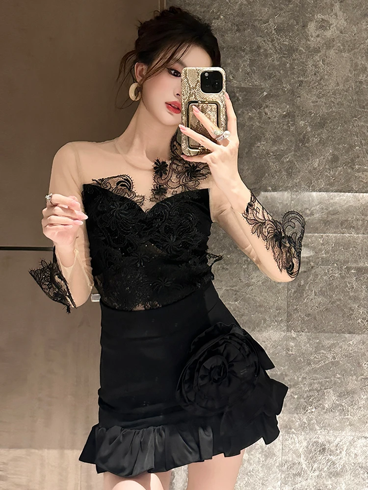 レディース服 エレガント ブラック ラッフル Aライン ショートスカート 女性 カジュアル スイート 花柄 セクシー ハイウエスト ラップ ヒップ ミニスカート ファッション 新作