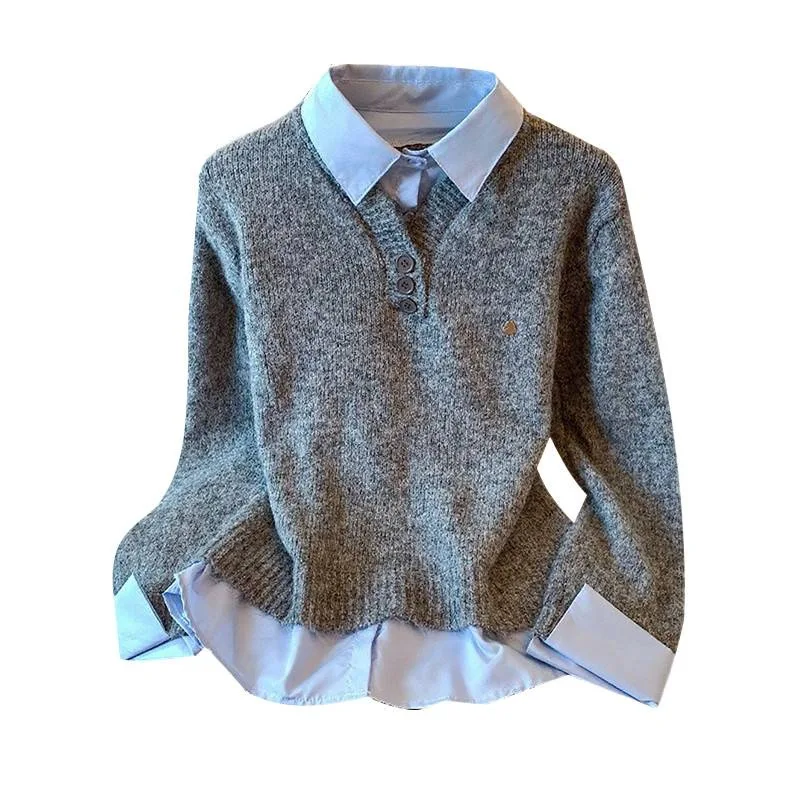 الكورية نمط وهمية اثنين من البلوزات للنساء الخريف الشتاء بدوره إلى أسفل Coloar تصميم تحسس قميص الطبقات أزرق رمادي بلوفر مغزول