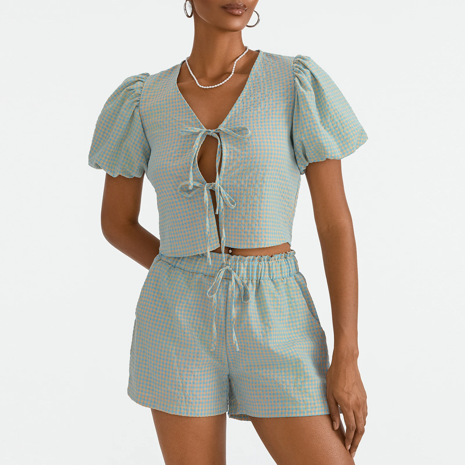 Women Plaid Bow Pajamas Outfits Front Tie Short Sleeve Tie-up T-shirt and Gingham Shorts Summer Y2k Pj Set Sleepwear