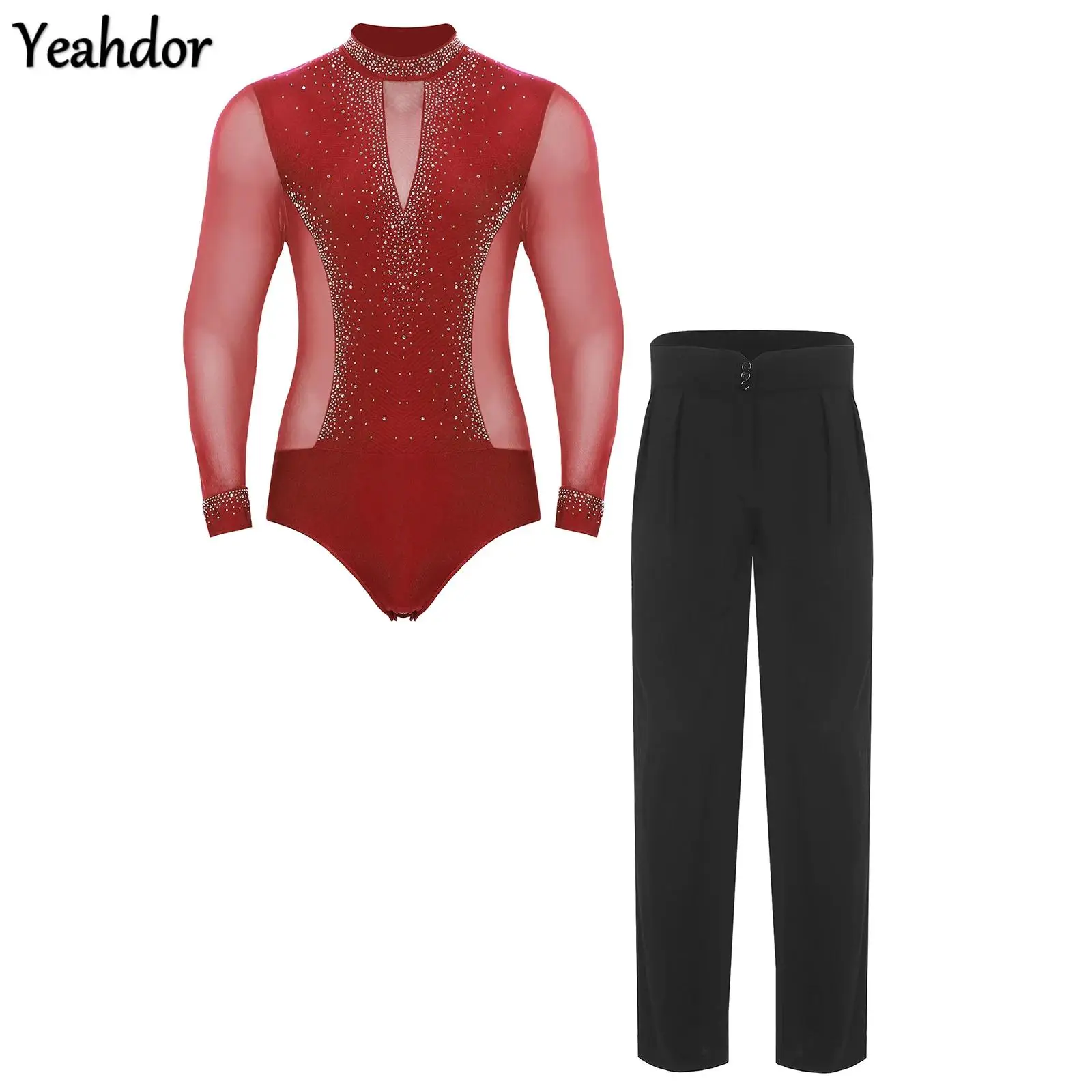 

Men Latin Dance Outfits Long Sleeve Rhinestones Mesh Leotard And Pants Suit Tango Chacha Bodysuit Skating Ballroom Performance