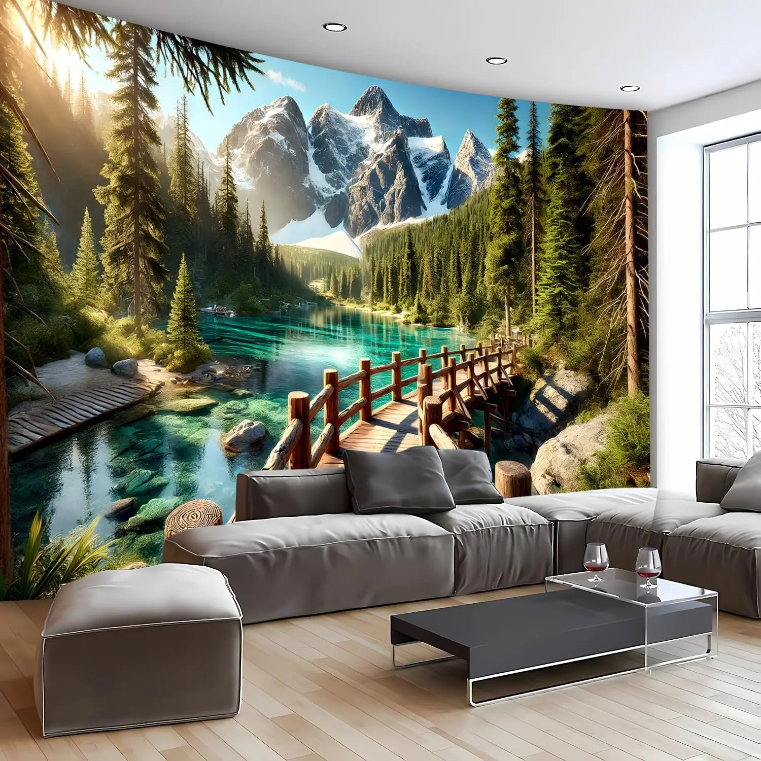 Mountain Lake Tapestry – Forest Stream Landscape Wall Art, Snowy Mountain View Decor for Bedroom, Living Room, 110x87 Inches