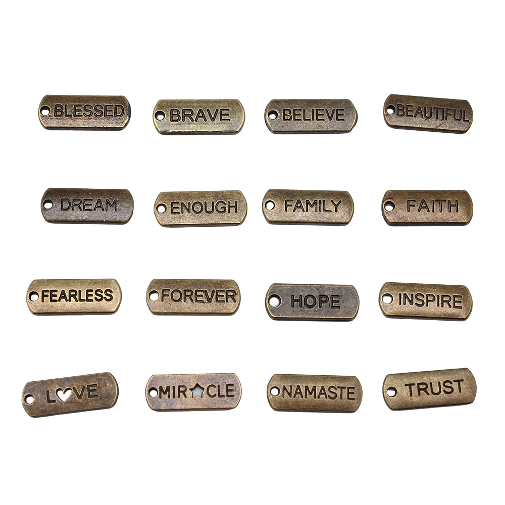 10pcs Antique Bronze Color Inspire Words LOVE HOPE FAITH BLESSED TRUST DREAM BRAVE FEARLESS Charms For Jewelry Making