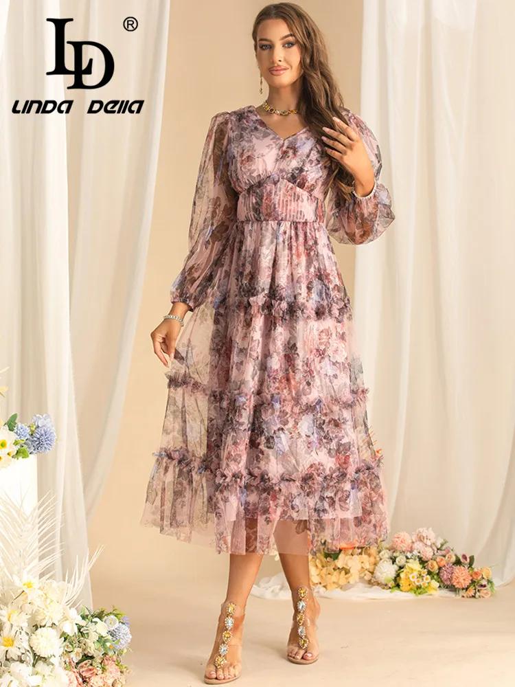 LD LINDA DELLA Autumn New style Women\'s Ball Gown Dress Lantern Sleeve Edible Tree Fungus Edge Mesh Vintage Print Party Dresses