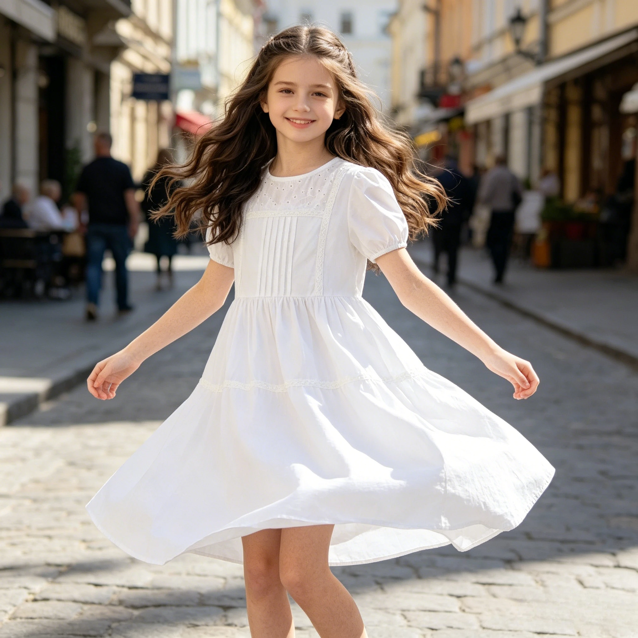 

Teen Girls White Cotton Dress Lace Embroidery Puff Sleeve A Line Casual Summer Dress for Kids Skin-friendly School Daily Wear