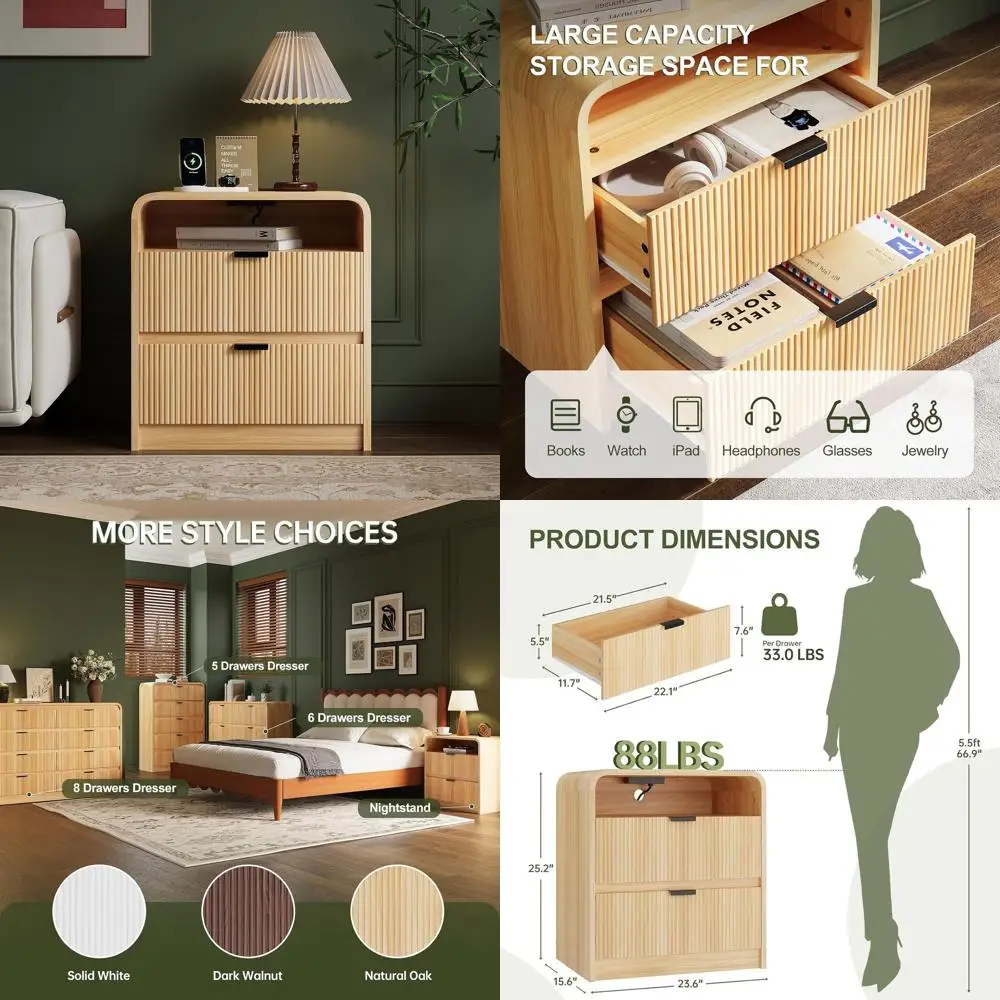 Modern Oak Nightstand with 2 Drawers, Fluted Design, Charging Station, Curved Profile, Bedroom Storage Cabinet