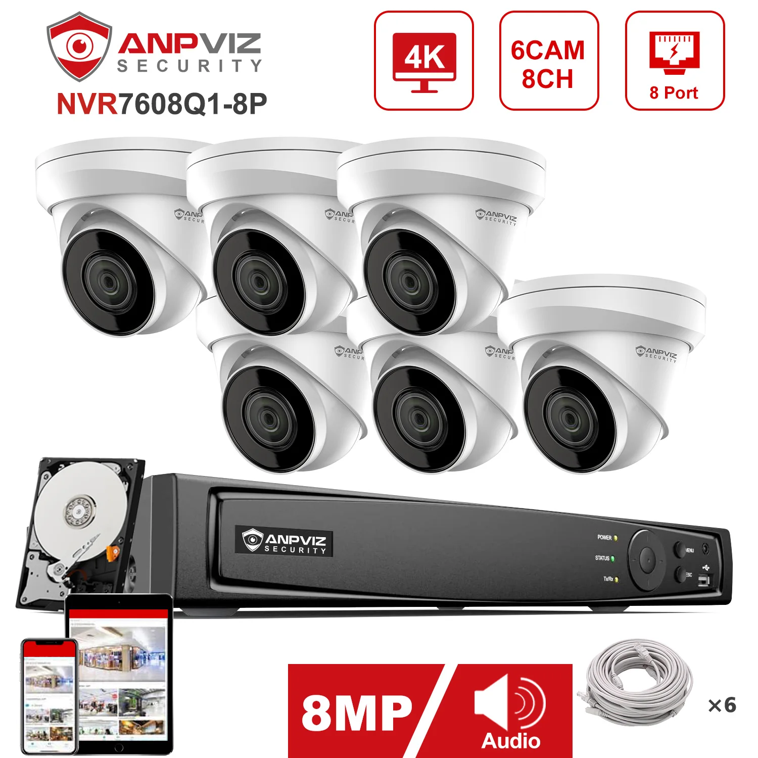 Anpviz 8CH 4K 8MP POE IP Security System Plug&Play NVR CCTV Video Surveillance Kit Motion Detection H.265+ View IP66 2.8mm Lens