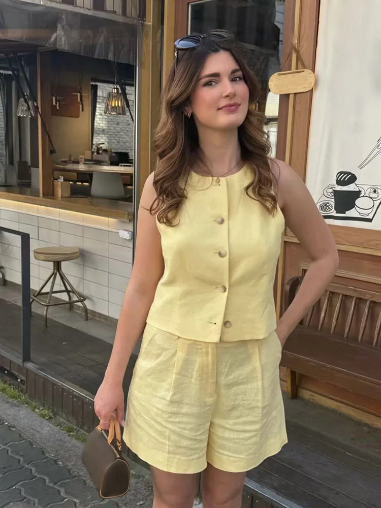 HH Damen-Sommer-Solid-Fashion-Line-Einreiher-Weste, ärmelloses Rundhals-Top + elegante gemischte Shorts mit hoher Taille und Reißverschluss