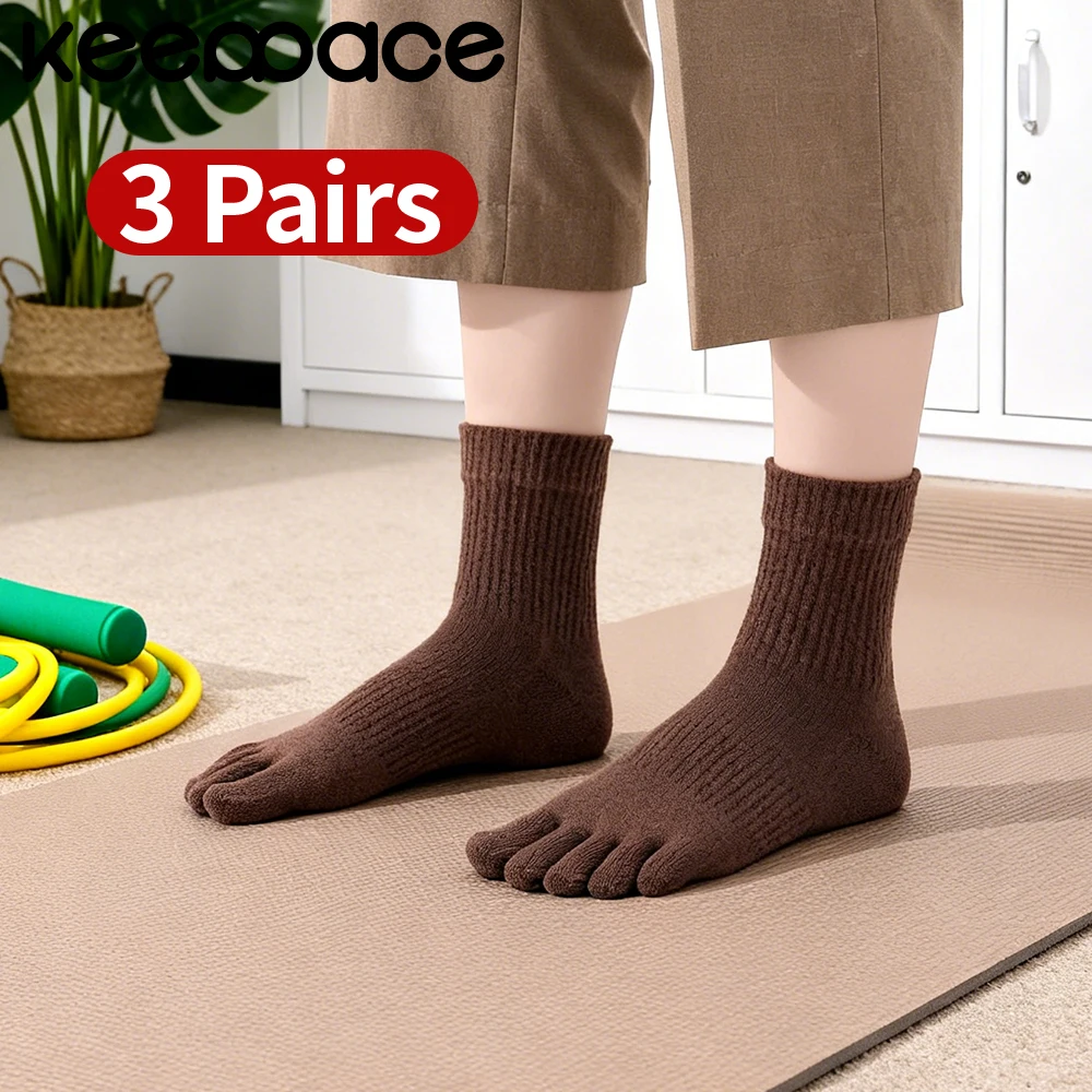 Keeppace 3 pairs Fiive Finger socks Women cotton Pure Color Sweat-absorbing soft durable toe Socks Indoor Home Working Socks