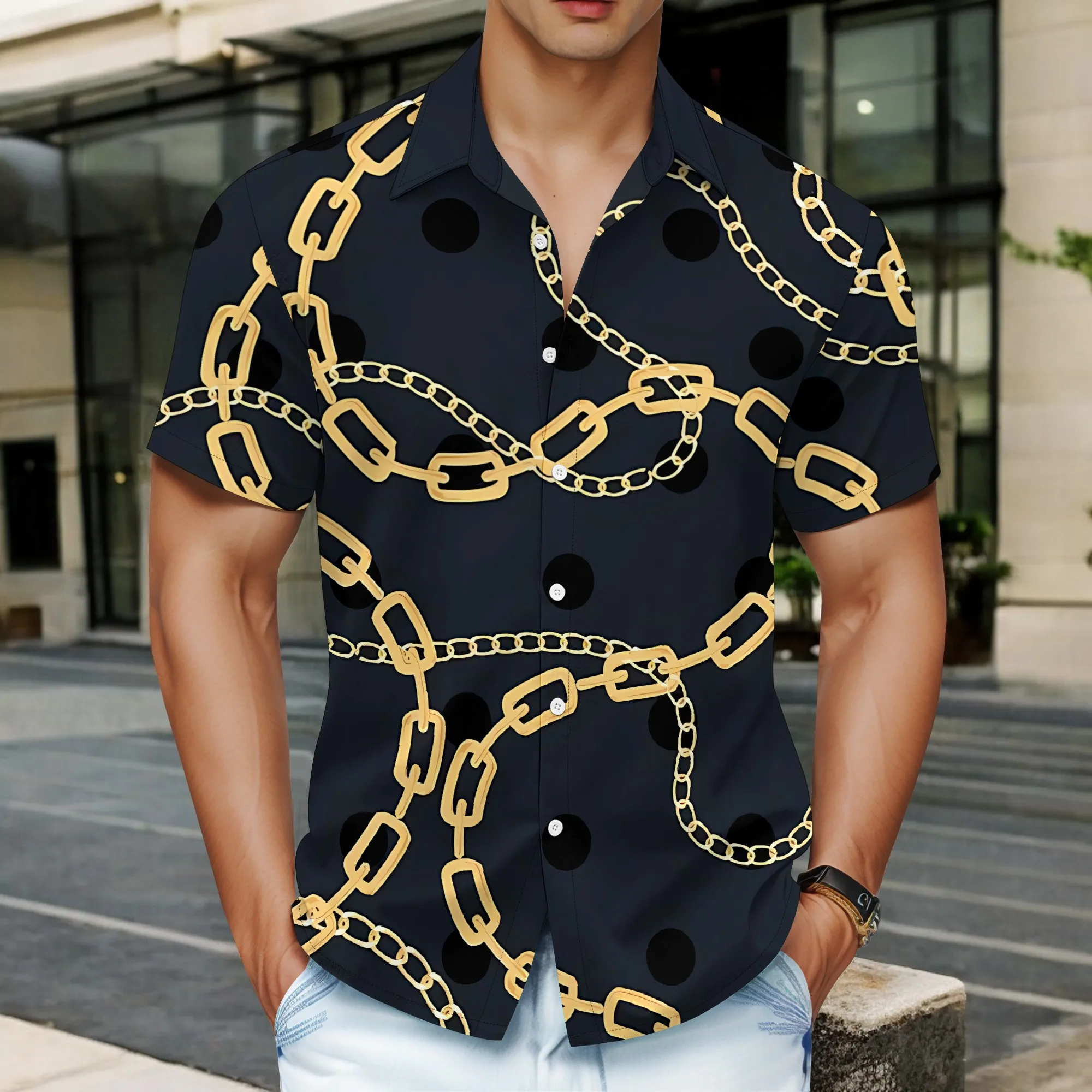 

YEAE Gold Chain Polka Dot Print Shirt for Men Summer Casual Short Sleeve Top
