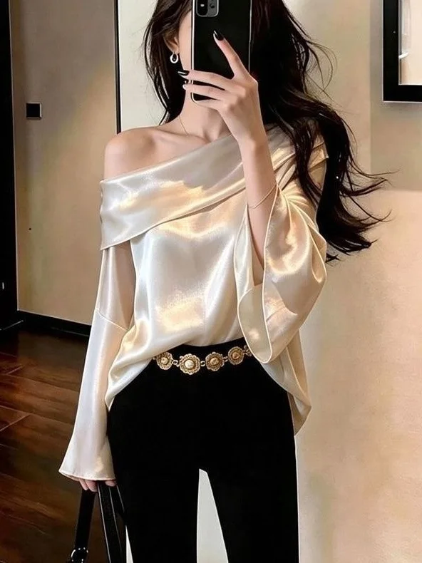 Champagne Colored Minimalist Early Autumn New Women's Shirt Elegant Casual Style Long Sleeve One-Shoulder Loose Fit Regular L...