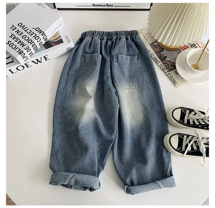 2024 Autumn New Children\'s Clothing Kids Vintage Grinding White Jeans Trousers Boys\' Loose Casual Straight Denim Pants