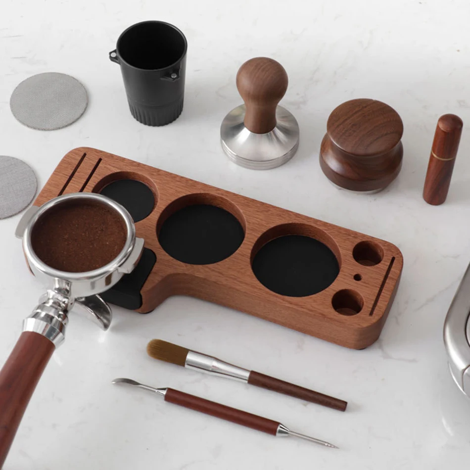 Coffee Tamper Station Stand, Portafilter Holder, Base Rack, Walnut Wood, Acessórios Espresso, Barista, 51mm, 54mm, 58mm